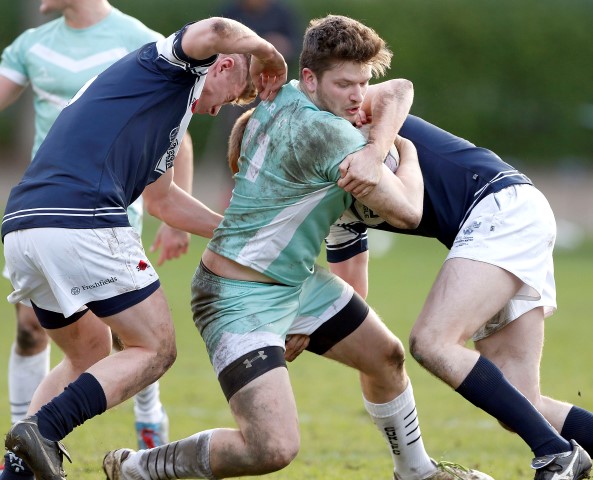 Action photo during the 2016 Pcubed Rugby League Varsity game between Oxford University and Cambridge University at the HAC ground, London, on Fri March 4, 2016