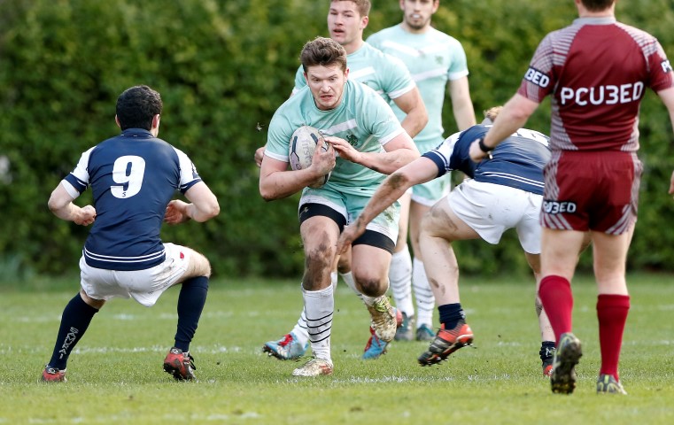 Action photo during the 2016 Pcubed Rugby League Varsity game between Oxford University and Cambridge University at the HAC ground, London, on Fri March 4, 2016